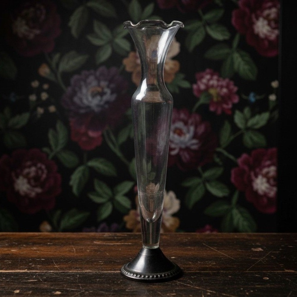 Duchin Creation Sterling Silver Bud Vase, Vtg Etched Floral Glass, Weighted Base